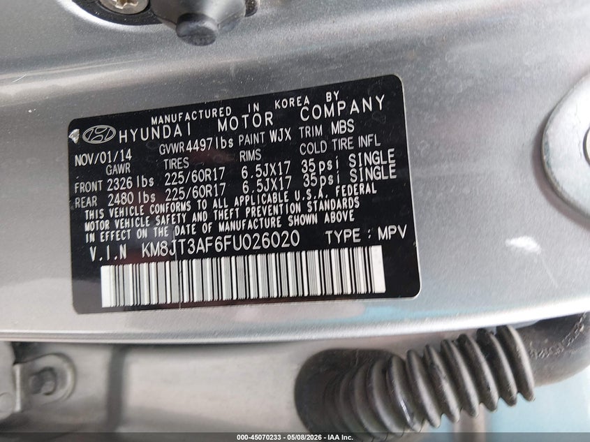 2015 Hyundai Tucson VIN KM8JT3AF6FU026020 IAAI salvage auction — LEFT FRONT, Salvage (Texas), sold $2,000 on 2026-07-24 (photo 9)