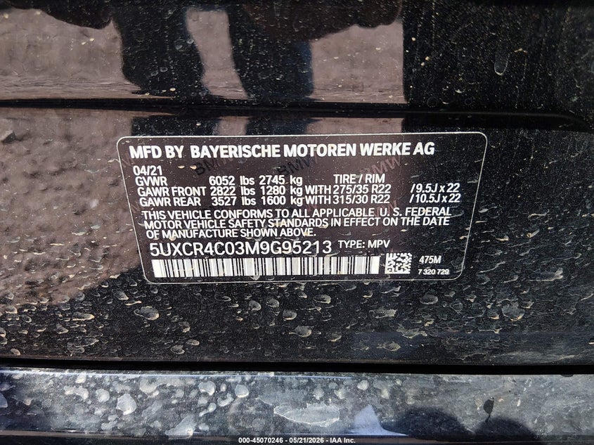 2021 BMW X5 VIN 5UXCR4C03M9G95213 IAAI salvage auction — FRONT END, Clear (South Carolina), sold $17,200 on 2026-07-15 (photo 9)