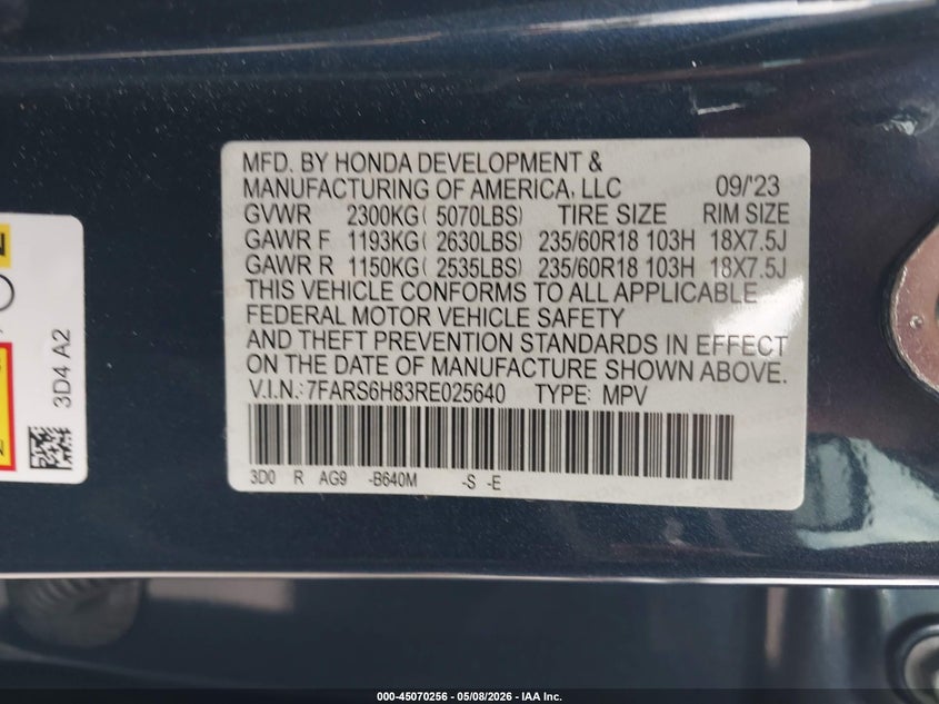 2024 Honda Cr-v VIN 7FARS6H83RE025640 IAAI salvage auction — FRONT END, Certificate Of Destruction (Florida), sold $8,000 on 2026-07-08 (photo 9)