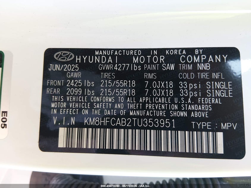 2026 Hyundai Kona VIN KM8HFCAB2TU353951 IAAI salvage auction — FRONT END, Salvage (Ohio), sold $10,000 on 2026-07-29 (photo 9)