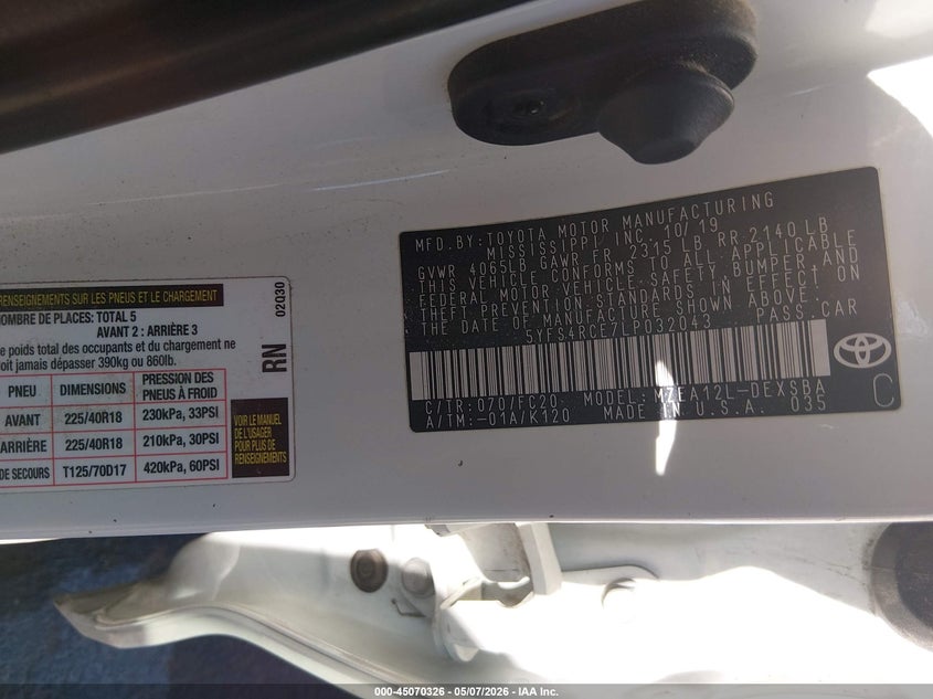 2020 Toyota Corolla VIN 5YFS4RCE7LP032043 IAAI salvage auction — FRONT END, Original (Texas), sold $3,950 on 2026-07-22 (photo 9)