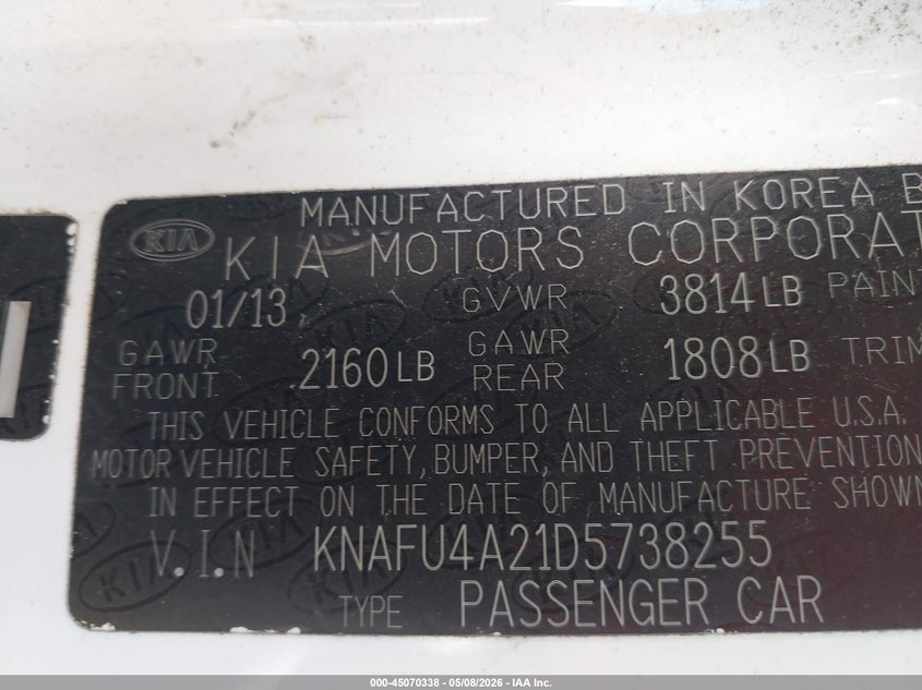 2013 Kia Forte VIN KNAFU4A21D5738255 IAAI salvage auction — RIGHT SIDE, Clear (Indiana), sold $550 on 2026-07-22 (photo 9)