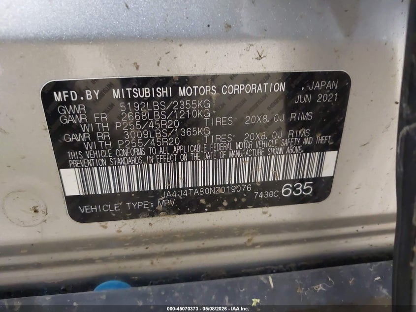 2022 Mitsubishi Outlander VIN JA4J4TA80NZ019076 IAAI salvage auction — LEFT SIDE, Salvage (Pennsylvania), sold $5,000 on 2026-08-01 (photo 9)