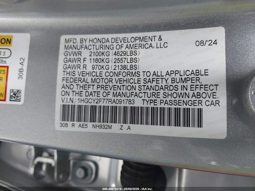 2024 Honda Accord VIN 1HGCY2F77RA091783 IAAI salvage auction — FRONT END, Salvage (California), sold $9,700 on 2026-07-09 (photo 9)