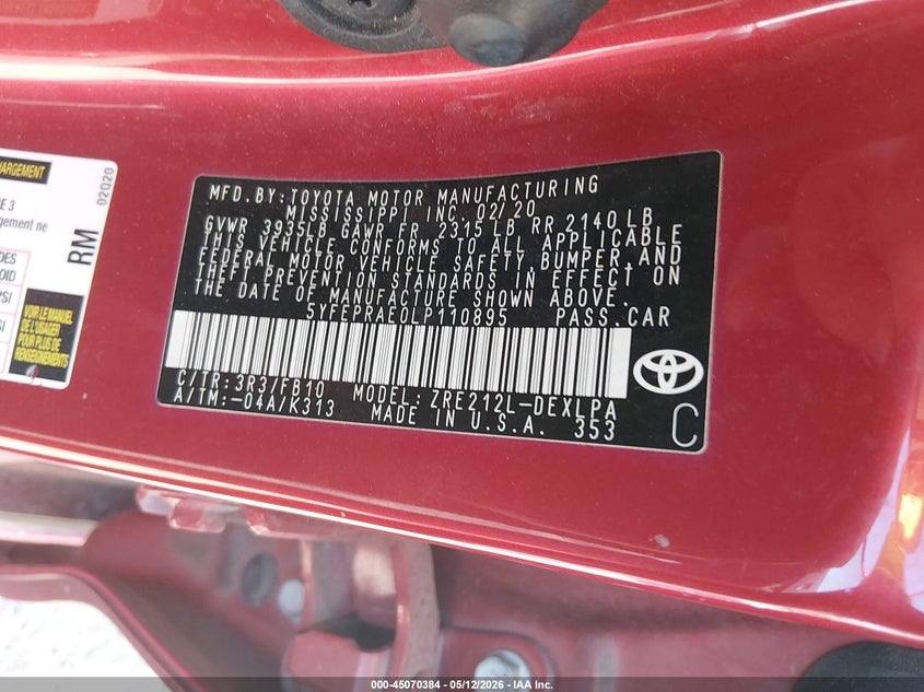 2020 Toyota Corolla VIN 5YFEPRAE0LP110895 IAAI salvage auction — SIDE, Salvage Title, sold $2,800 on 2026-07-27 (photo 9)
