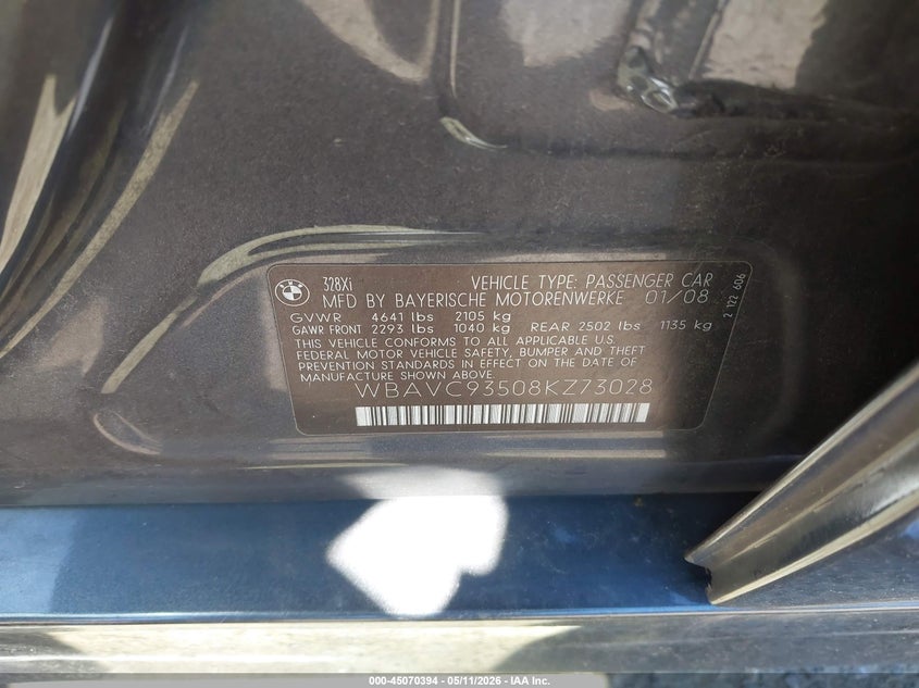 2008 BMW 3er VIN WBAVC93508KZ73028 IAAI salvage auction — RIGHT FRONT, Salvage (New Hampshire), sold $275 on 2026-07-08 (photo 9)