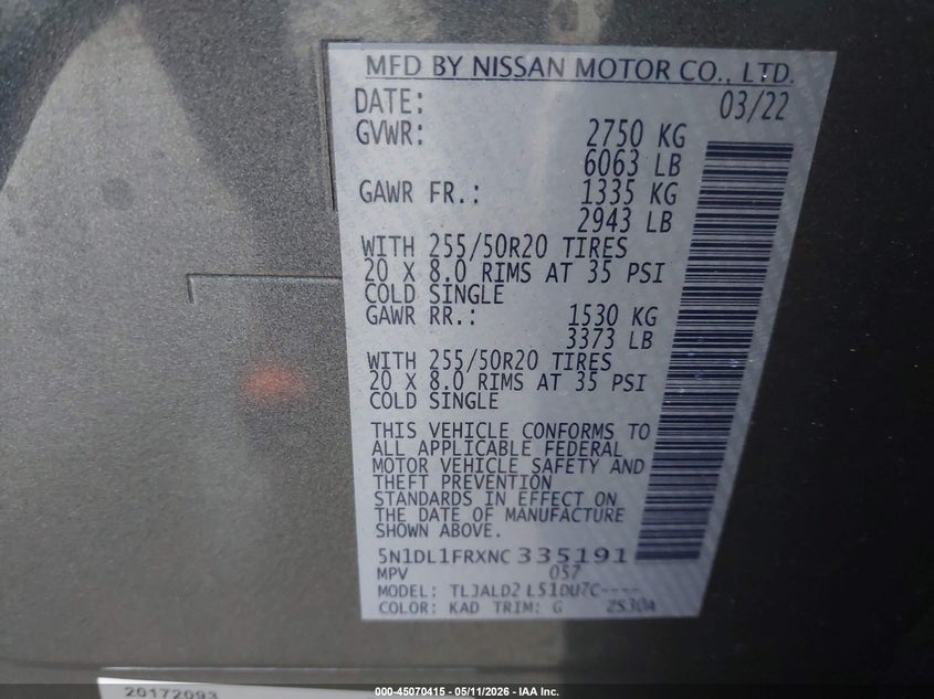 2022 Infiniti Qx60 VIN 5N1DL1FRXNC335191 IAAI salvage auction — HAIL, Original (Texas), sold $16,350 on 2026-07-17 (photo 9)