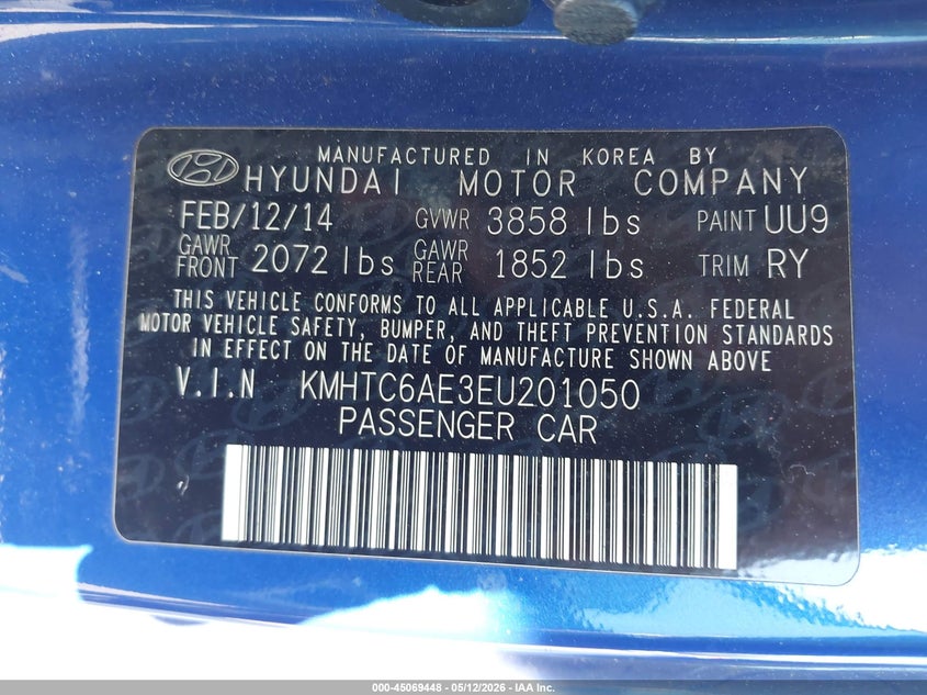 2014 Hyundai Veloster VIN KMHTC6AE3EU201050 IAAI salvage auction — FRONT END, Salvage (Idaho), sold $400 on 2026-07-08 (photo 9)