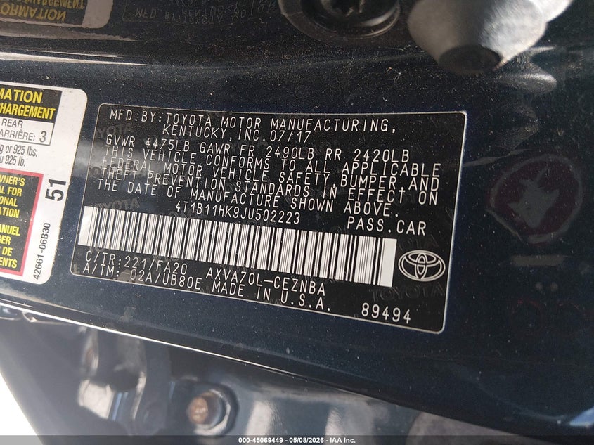2018 Toyota Camry VIN 4T1B11HK9JU502223 IAAI salvage auction — Unknown, Rebuildable (Florida), sold $4,800 on 2026-06-09 (photo 9)