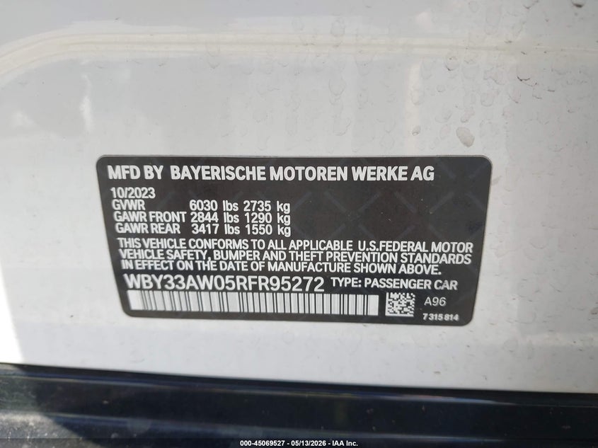 2024 BMW I4 VIN WBY33AW05RFR95272 IAAI salvage auction — FRONT END, Salvage (Arizona), sold $12,600 on 2026-07-20 (photo 9)