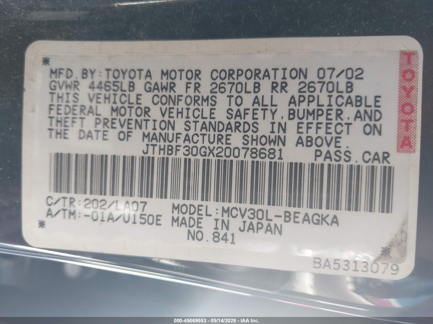 2002 Lexus ES VIN JTHBF30GX20078681 IAAI salvage auction — NORMAL WEAR, Clear (Missouri), sold $325 on 2026-07-21 (photo 9)