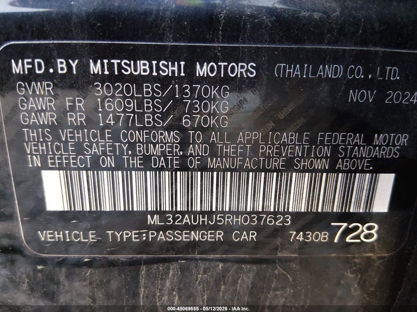 2024 Mitsubishi Mirage VIN ML32AUHJ5RH037623 IAAI salvage auction — RIGHT FRONT, Salvage (Virginia), sold $3,350 on 2026-07-08 (photo 9)