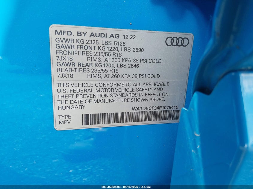 2023 Audi Q3 VIN WA1DECF34P1078415 IAAI salvage auction — LEFT & RIGHT, Salvage - 75% Or Less (Maryland), sold $10,300 on 2026-07-27 (photo 9)