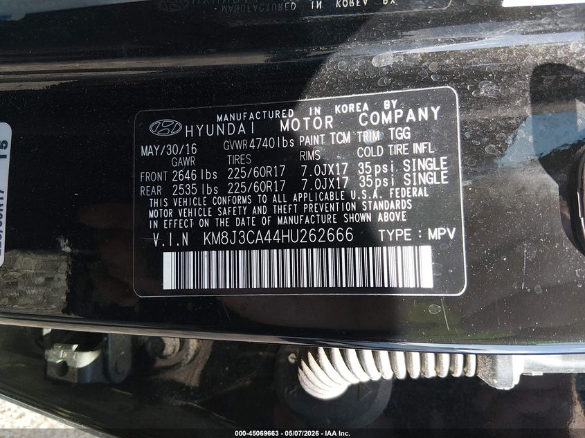 2017 Hyundai Tucson VIN KM8J3CA44HU262666 IAAI salvage auction — FRONT END, Salvage (South Carolina), sold $675 on 2026-07-28 (photo 9)