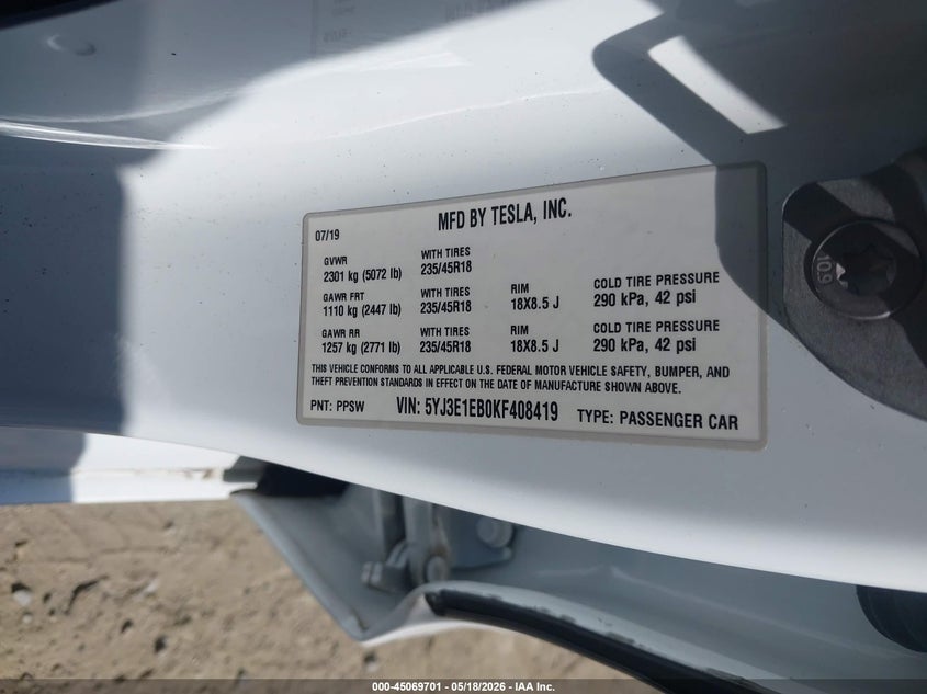 2019 Tesla Model 3 VIN 5YJ3E1EB0KF408419 IAAI salvage auction — REAR END, Salvage (Georgia), sold $7,600 on 2026-07-24 (photo 9)