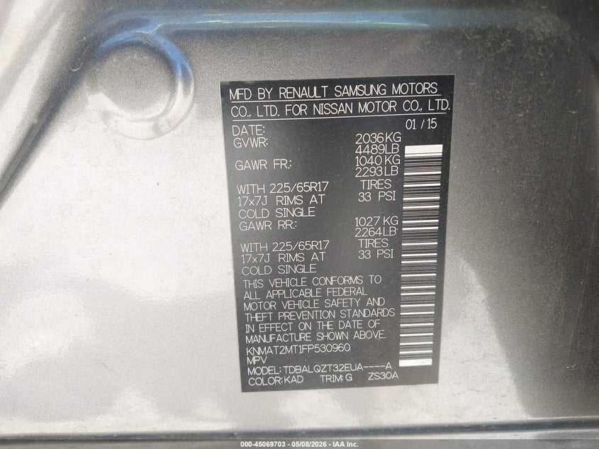 2015 Nissan Rogue VIN KNMAT2MT1FP530960 IAAI salvage auction — REAR END, Salvage (Arkansas), sold $650 on 2026-07-09 (photo 9)