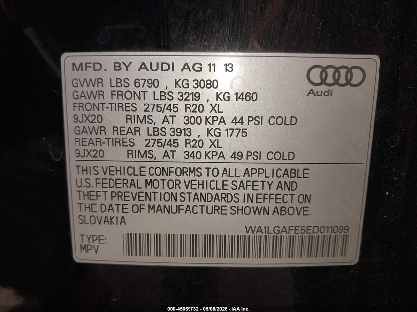 2014 Audi Q7 VIN WA1LGAFE5ED011099 IAAI salvage auction — UNKNOWN, Salvage (Illinois), sold $750 on 2026-07-07 (photo 9)