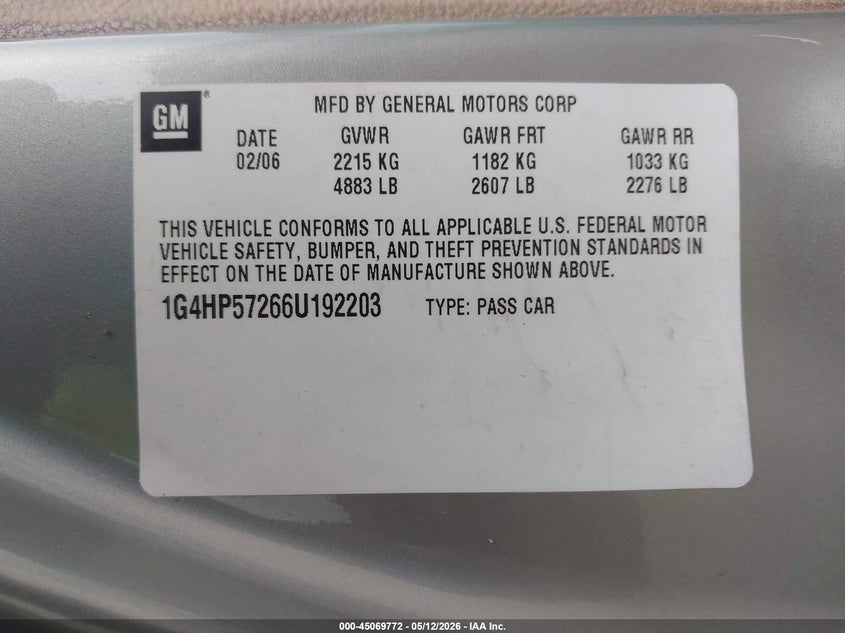 2006 Buick Lucerne VIN 1G4HP57266U192203 IAAI salvage auction — FRONT END, Clear (Indiana), sold $225 on 2026-07-24 (photo 9)