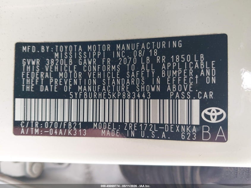 2019 Toyota Corolla VIN 5YFBURHE5KP883443 IAAI salvage auction — LEFT SIDE, Rebuildable (Florida), sold $2,400 on 2026-07-08 (photo 9)