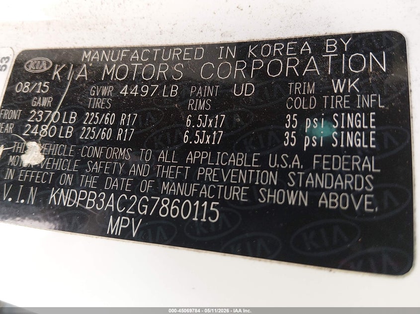 2016 Kia Sportage VIN KNDPB3AC2G7860115 IAAI salvage auction — FRONT END, Salvage (Kentucky), sold $2,100 on 2026-07-27 (photo 9)