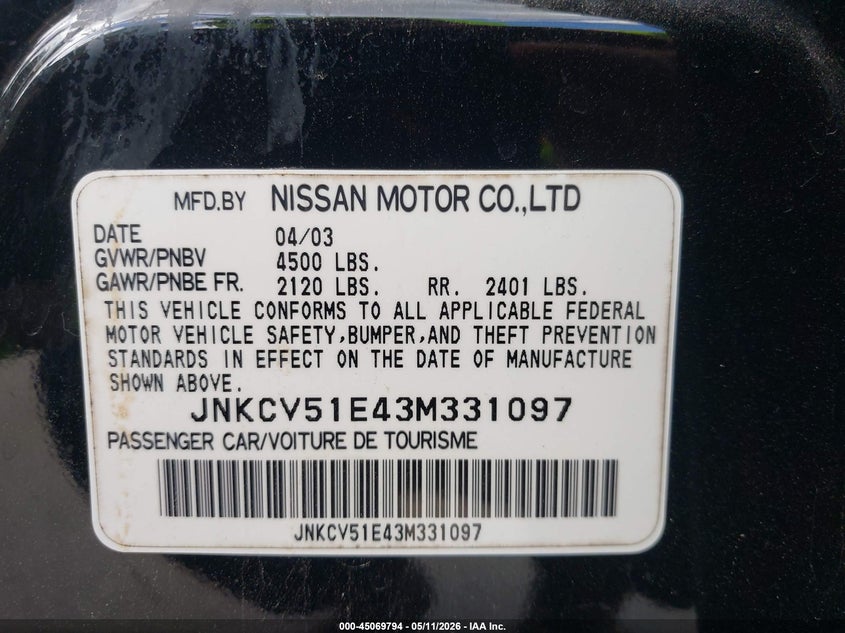 2003 Infiniti G35 VIN JNKCV51E43M331097 IAAI salvage auction — REAR END, Salvage (Texas), sold $450 on 2026-07-15 (photo 9)