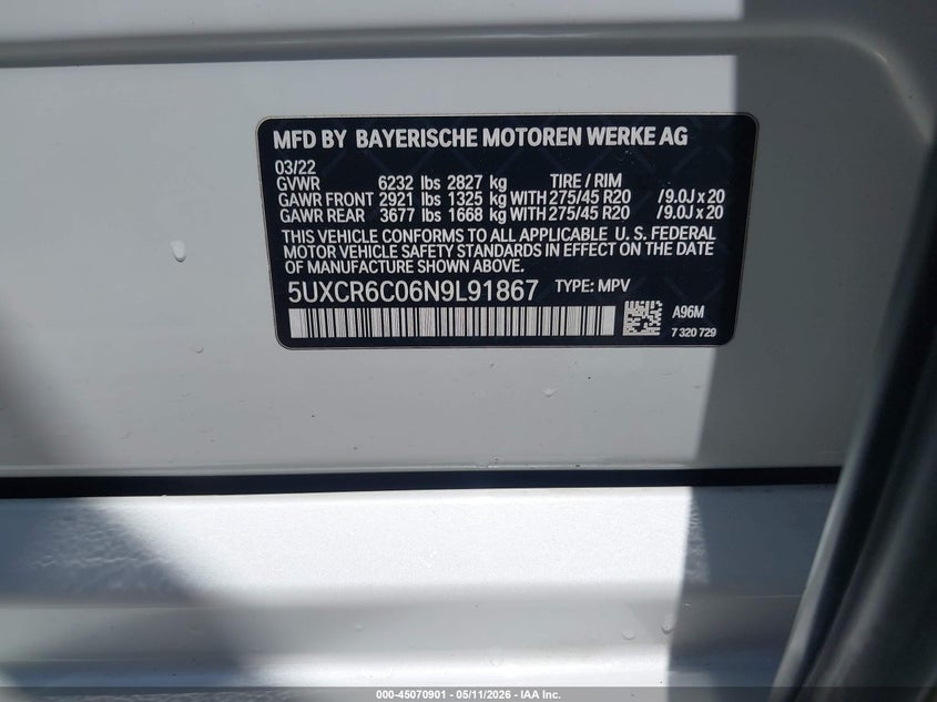 2022 BMW X5 VIN 5UXCR6C06N9L91867 IAAI salvage auction — LEFT SIDE, Salvage (Missouri), sold $21,150 on 2026-07-07 (photo 9)