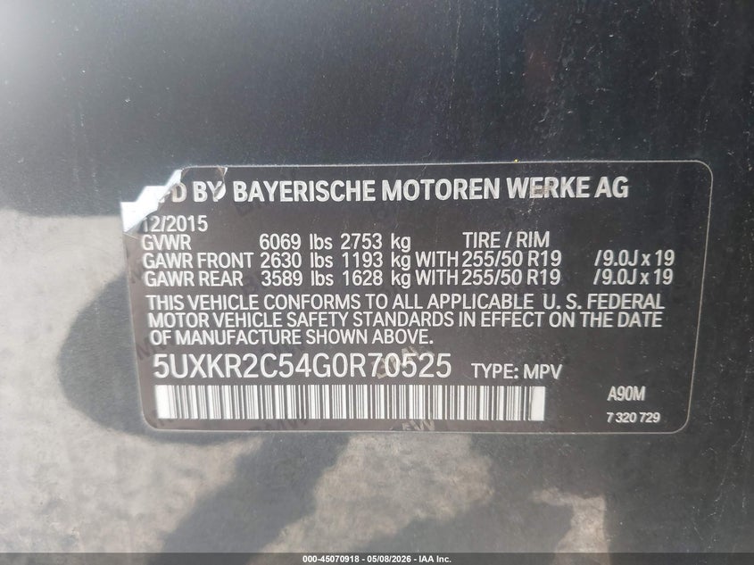 2016 BMW X5 VIN 5UXKR2C54G0R70525 IAAI salvage auction — FRONT END, Original (Texas), sold $4,175 on 2026-07-16 (photo 9)