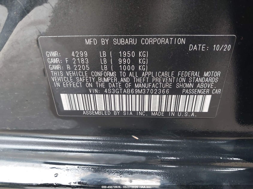 2021 Subaru Impreza VIN 4S3GTAB69M3702366 IAAI salvage auction — RIGHT REAR, Salvage Title, sold $2,800 on 2026-07-29 (photo 9)