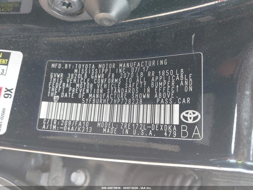 2017 Toyota Corolla VIN 5YFBURHE7HP728238 IAAI salvage auction — FRONT & REAR, Salvage (Texas), sold $3,200 on 2026-07-16 (photo 9)
