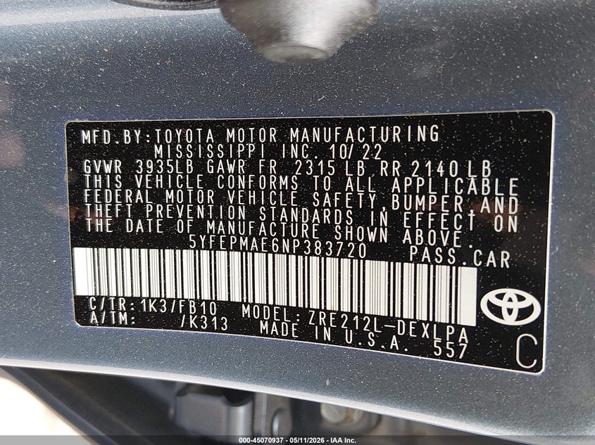 2022 Toyota Corolla VIN 5YFEPMAE6NP383720 IAAI salvage auction — REAR END, Salvage Title, sold $3,900 on 2026-07-27 (photo 9)
