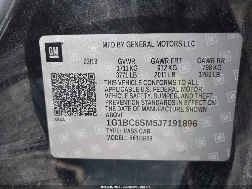 2018 Chevrolet Cruze VIN 1G1BC5SM5J7191896 IAAI salvage auction — SIDE, Original (Texas), sold $1,650 on 2026-07-10 (photo 9)
