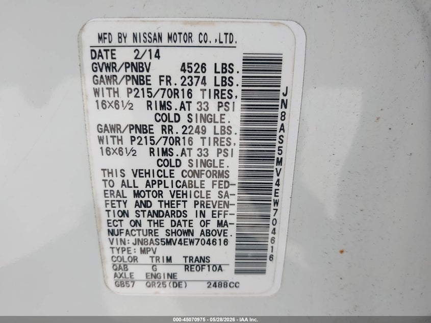2014 Nissan Rogue VIN JN8AS5MV4EW704616 IAAI salvage auction — FRONT END, Mv-907A (New York), sold $425 on 2026-07-07 (photo 9)