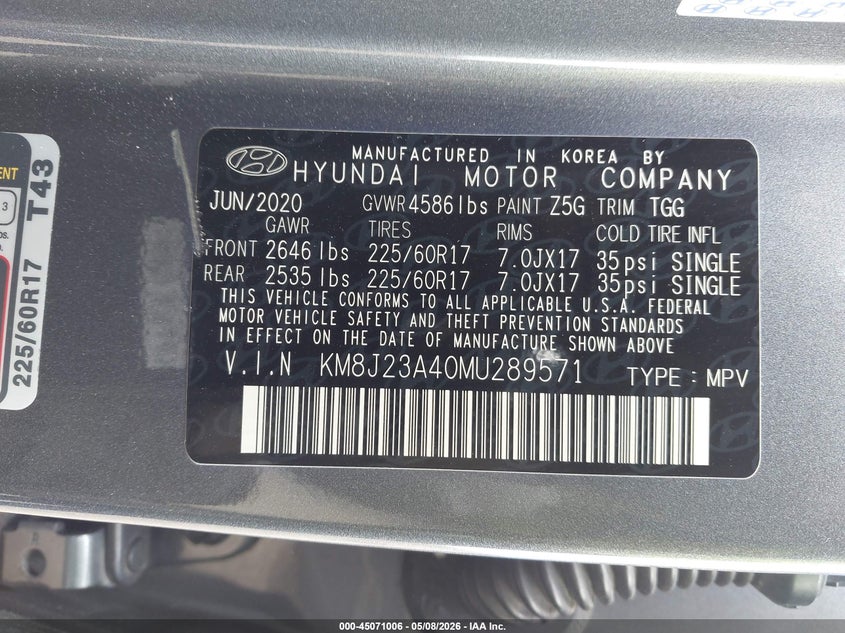 2021 Hyundai Tucson VIN KM8J23A40MU289571 IAAI salvage auction — RIGHT FRONT, Original (Texas), sold $4,750 on 2026-07-14 (photo 9)