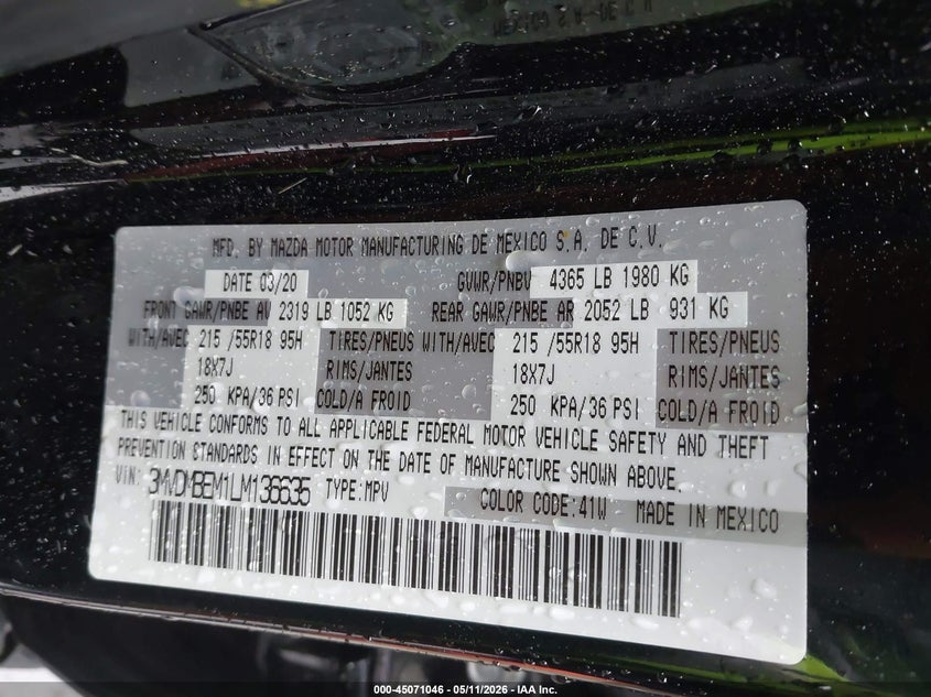 2020 Mazda Cx-30 VIN 3MVDMBEM1LM136635 IAAI salvage auction — LEFT FRONT, Salvage - Greater Than 75% (Maryland), sold $3,500 on 2026-07-31 (photo 9)