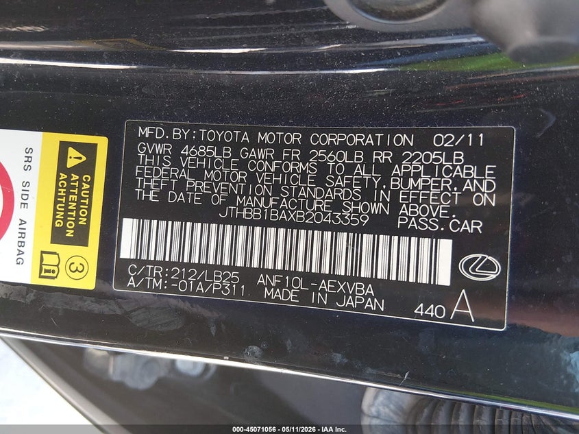 2011 Lexus Hs 250h VIN JTHBB1BAXB2043359 IAAI salvage auction — FRONT END, Original (Texas), sold $550 on 2026-07-16 (photo 9)