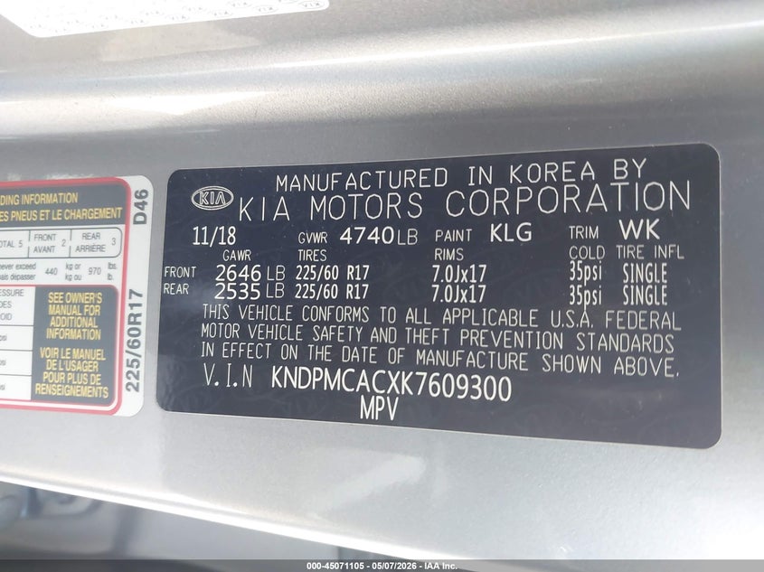 2019 Kia Sportage VIN KNDPMCACXK7609300 IAAI salvage auction — FRONT & REAR, Salvage (Massachusetts), sold $2,400 on 2026-07-24 (photo 9)