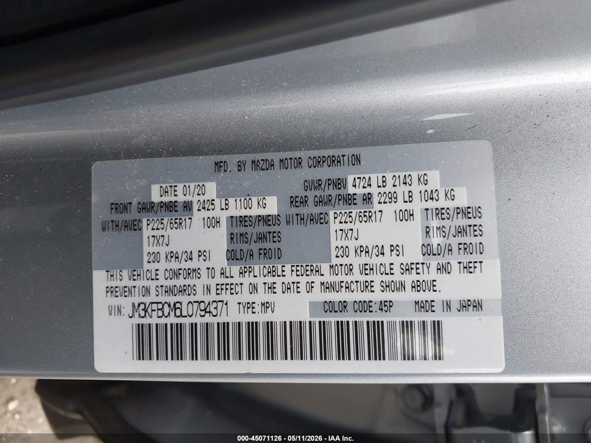 2020 Mazda Cx-5 VIN JM3KFBCM6L0794371 IAAI salvage auction — FRONT & REAR, Salvage (New Jersey), sold $4,850 on 2026-07-20 (photo 9)