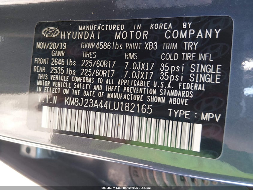 2020 Hyundai Tucson VIN KM8J23A44LU182165 IAAI salvage auction — SIDE, Clear (Oklahoma), sold $3,150 on 2026-07-21 (photo 9)