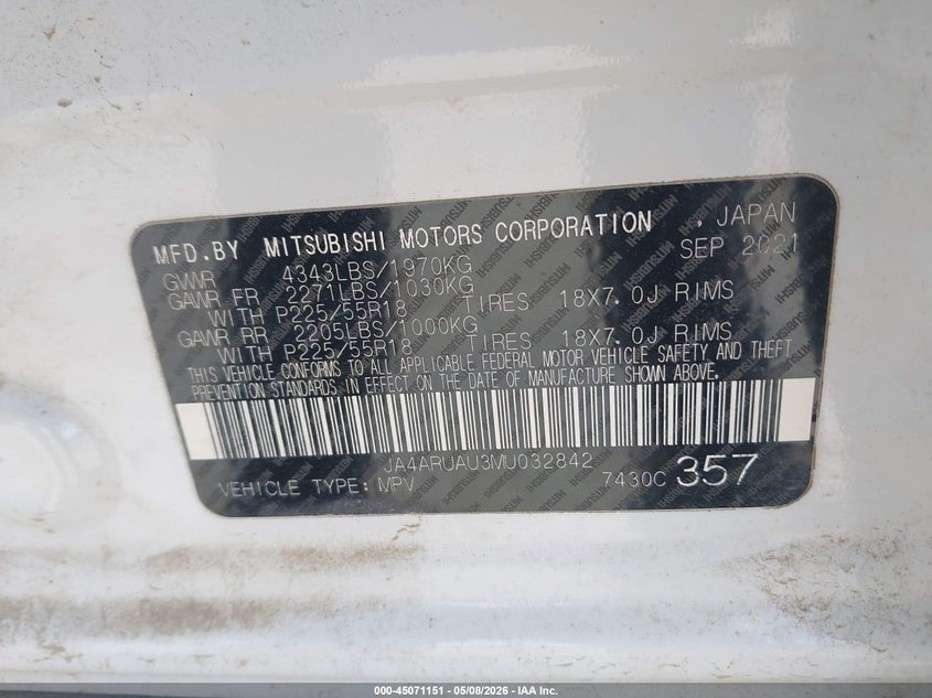2021 Mitsubishi Outlander VIN JA4ARUAU3MU032842 IAAI salvage auction — FRONT END, Mv-907A (New York), sold $4,950 on 2026-07-07 (photo 9)