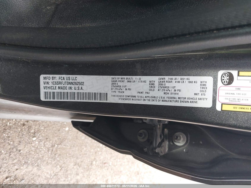2022 Ram 1500 VIN 1C6SRFJT0NN262502 IAAI salvage auction — FRONT END, Clear (Michigan), sold $10,300 on 2026-07-26 (photo 9)