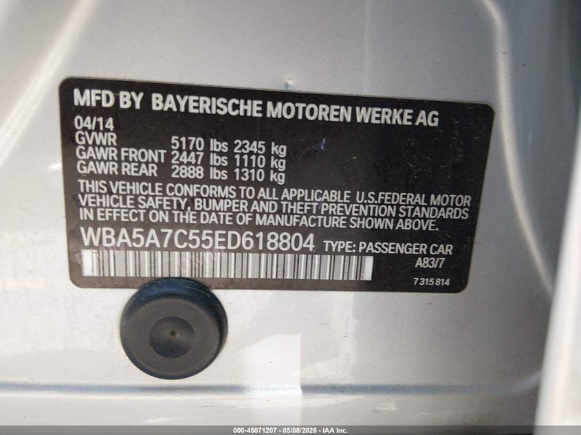 2014 BMW 5er VIN WBA5A7C55ED618804 IAAI salvage auction — FRONT END, Salvage (Colorado), sold $1,700 on 2026-07-14 (photo 9)