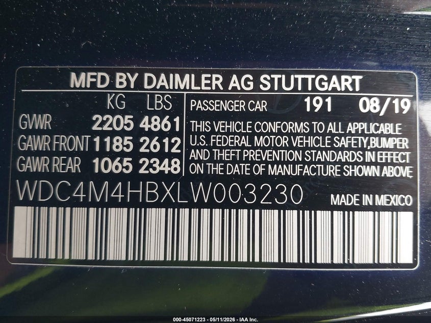 2020 Mercedes-benz Glb VIN WDC4M4HBXLW003230 IAAI salvage auction — FRONT & REAR, Wait Title, sold $7,600 on 2026-08-18 (photo 9)