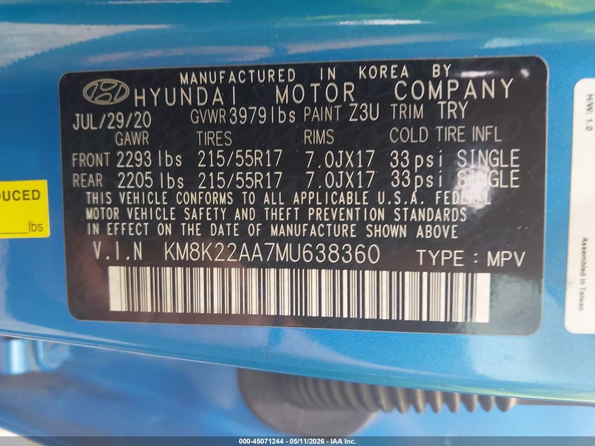 2021 Hyundai Kona VIN KM8K22AA7MU638360 IAAI salvage auction — FRONT END, Original (Texas), sold $2,825 on 2026-07-14 (photo 9)