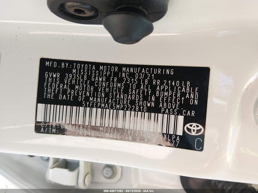 2021 Toyota Corolla VIN 5YFEPMAE5MP222810 IAAI salvage auction — FRONT END, Salvage (Kentucky), sold $2,525 on 2026-07-14 (photo 9)