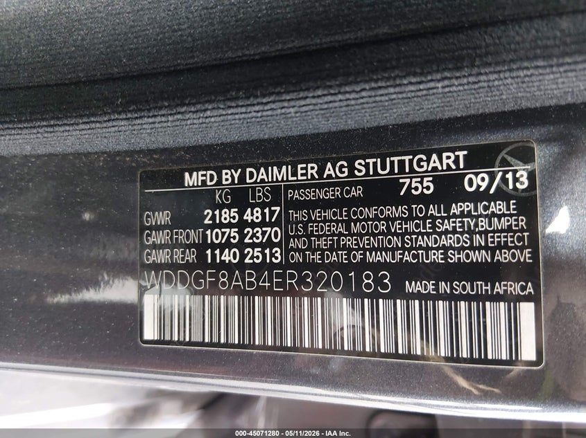 2014 Mercedes-benz C-klasse VIN WDDGF8AB4ER320183 IAAI salvage auction — FRONT END, Salvage (Connecticut), sold $775 on 2026-07-30 (photo 9)