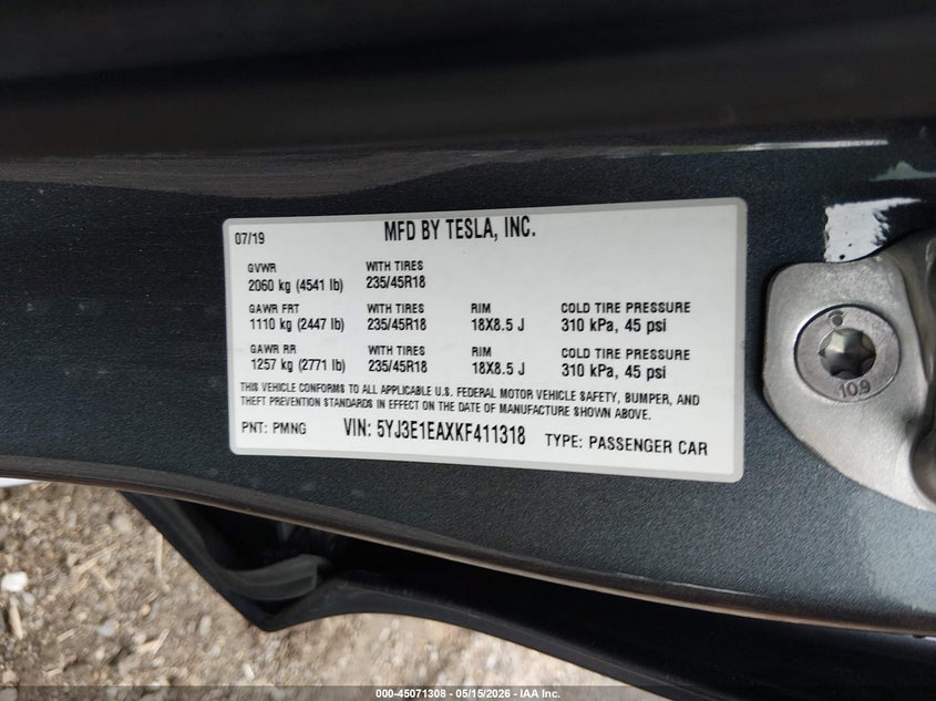 2019 Tesla Model 3 VIN 5YJ3E1EAXKF411318 IAAI salvage auction — REAR END, Salvage (Idaho), sold $3,750 on 2026-07-11 (photo 9)