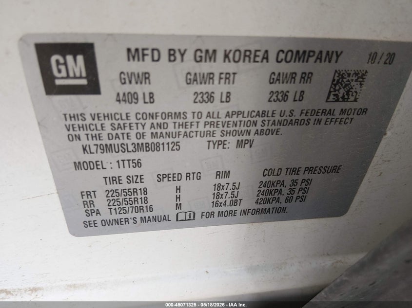 2021 Chevrolet Trailblazer VIN KL79MUSL3MB081125 IAAI salvage auction — REAR END, Salvage (Kansas), sold $2,500 on 2026-07-17 (photo 9)
