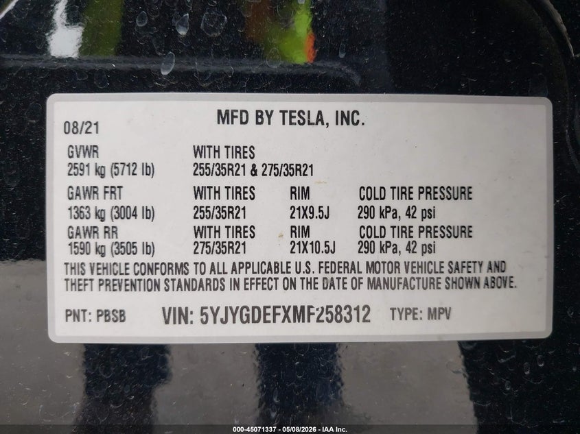 2021 Tesla Model y VIN 5YJYGDEFXMF258312 IAAI salvage auction — RIGHT REAR, Original (Texas), sold $8,500 on 2026-07-08 (photo 9)