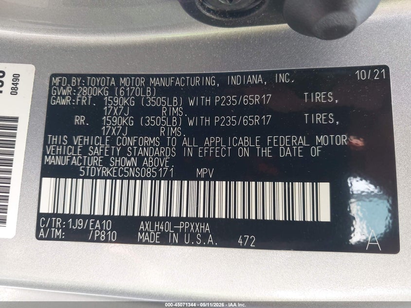 2022 Toyota Sienna VIN 5TDYRKEC5NS085171 IAAI salvage auction — LEFT SIDE, Original (Texas), sold $10,950 on 2026-07-15 (photo 9)
