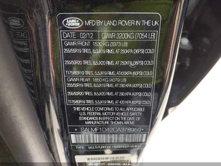 2012 Land rover RANGE ROVER VIN SALMF1D42CA378959 IAAI salvage auction — LEFT & RIGHT, Salvage - Greater Than 75% (Maryland), sold $800 on 2026-07-28 (photo 9)